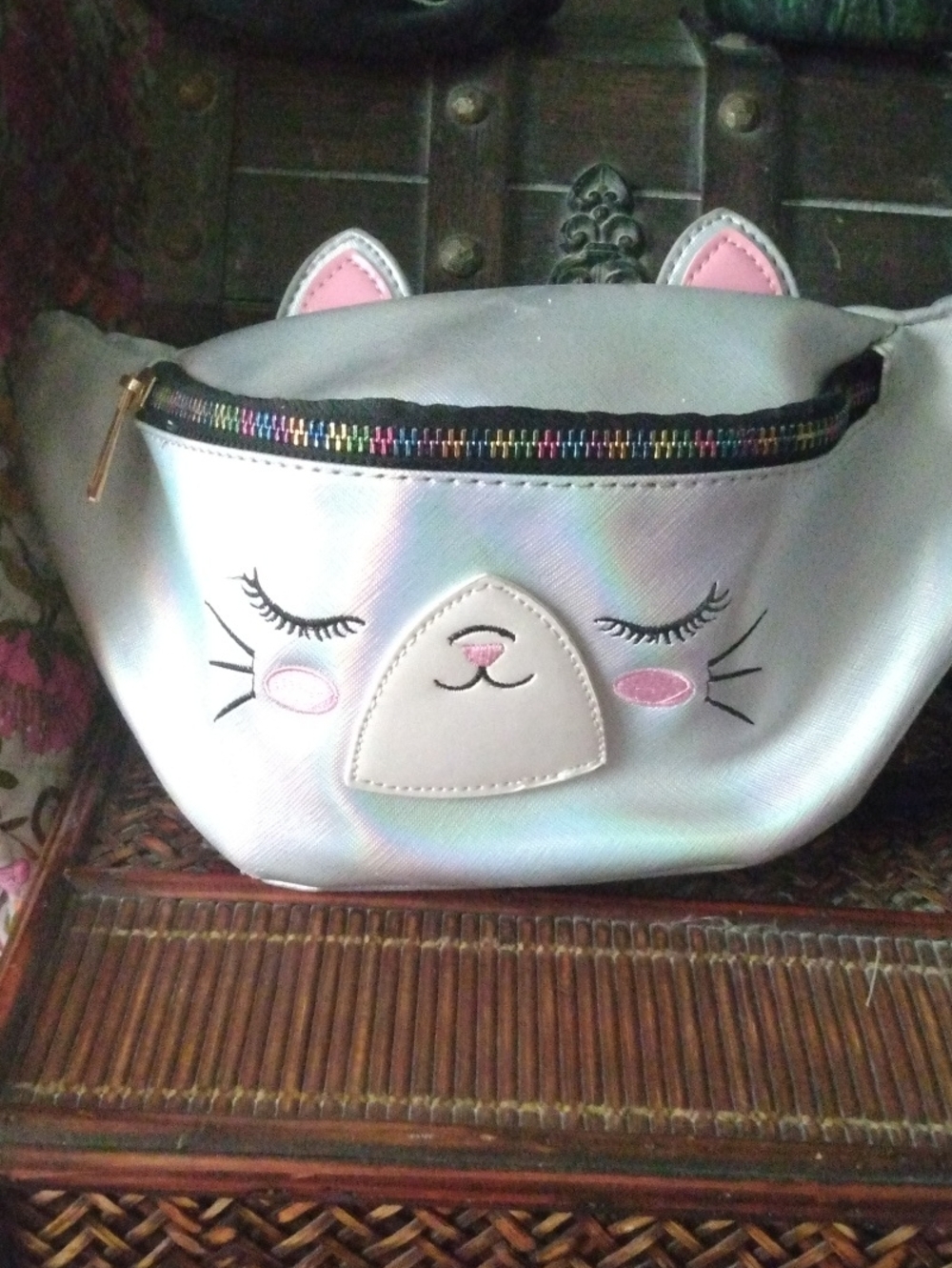 under one sky Iridescent Cat Face Cosmetic Bag with Pink Accents